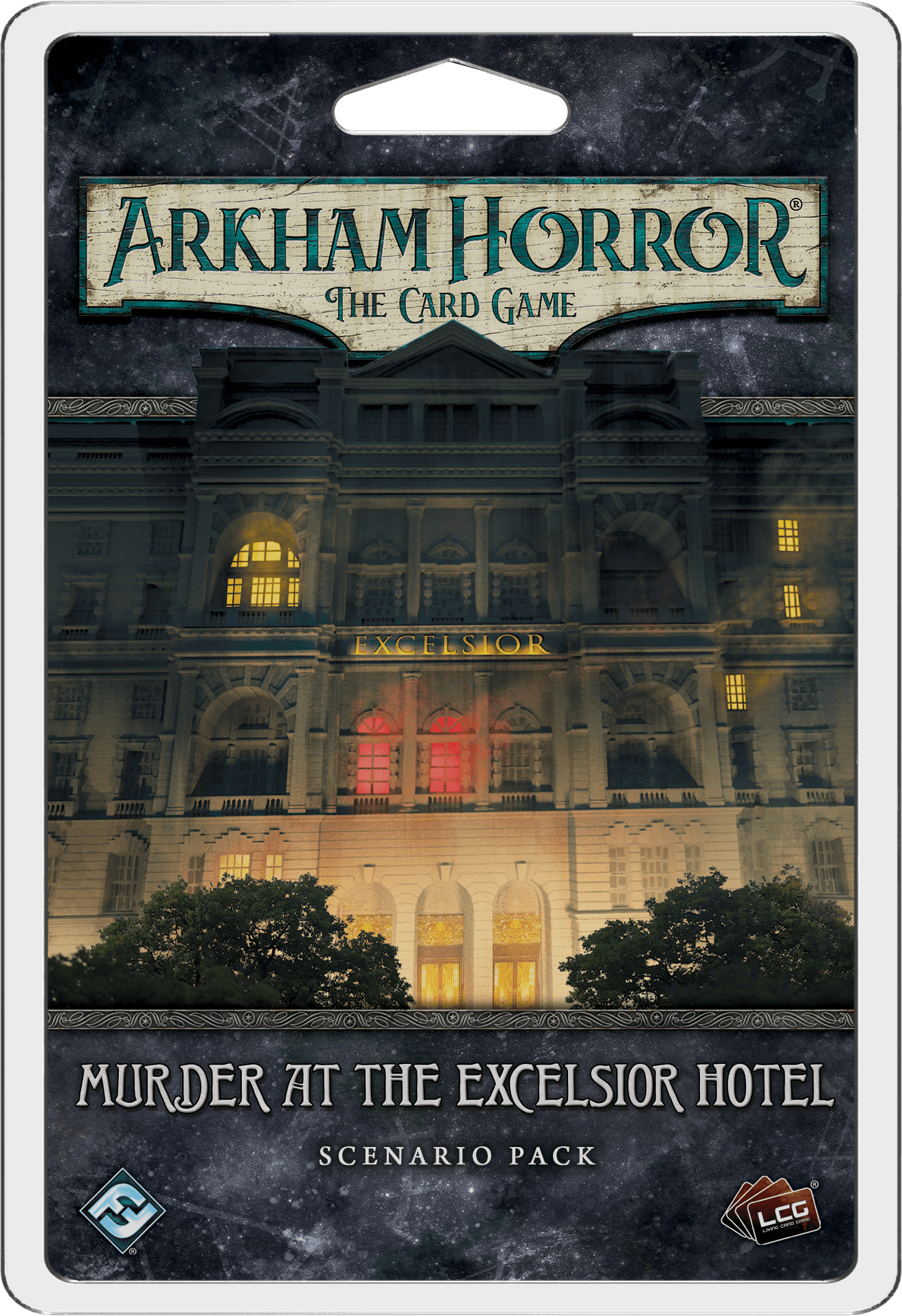 Portada de Arkham Horror: El Juego de Cartas – Asesinato en el Hotel Excelsior: Pack de Escenario