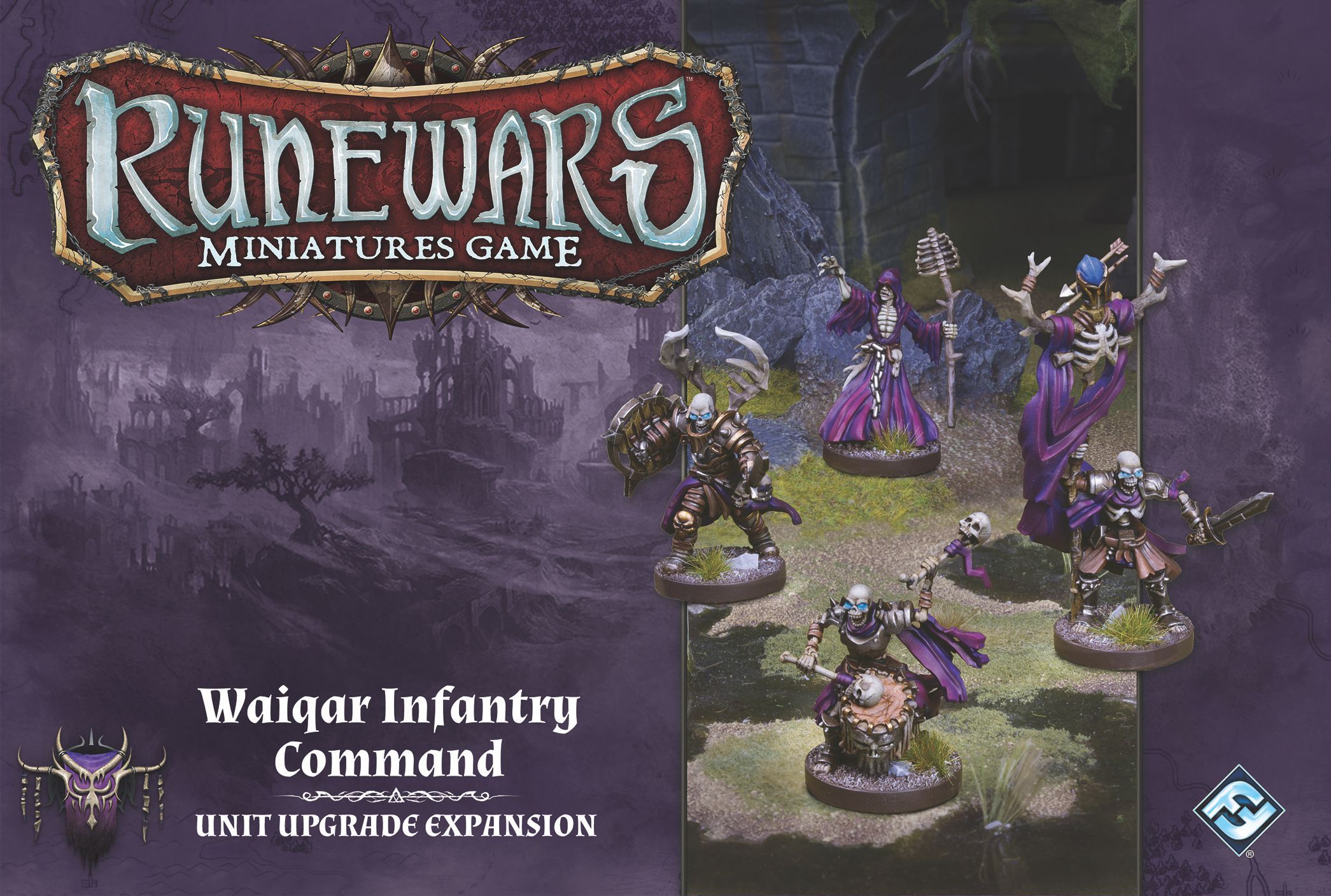 Portada de Runewars El Juego de Miniaturas: Grupo de Mando de Infatería de Waiqar – Expansión de Mejora de Unidad
